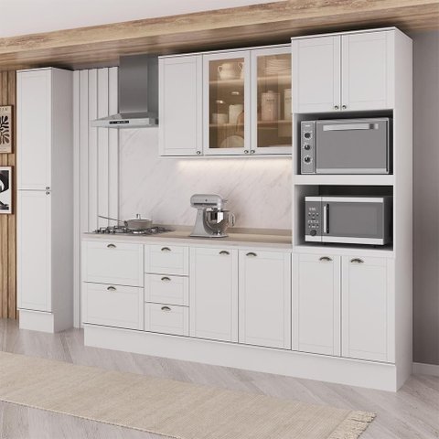 Cozinha Milla 11 Portas 5 Gavetas MDF 340cm Branca Móveis Carraro