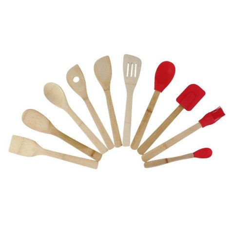 Kit de Utensílios Bambu Vermelho com 10 Peças - A/CASA