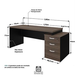Mesa de Escritório Pedestal 3 Gavetas 1.90x70 Tpo 40mm Netmobil - Nogal - 7 Mesa de Escritório Pedestal 3 Gavetas 1.90x70 Tpo 40mm Netmobil - Nogal - 7
