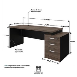 Mesa de Escritório Pedestal 3 Gavetas 1.90x70 Tpo 40mm Netmobil - Nogal - 7