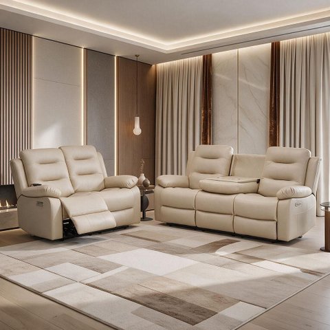 Kit Poltronas Cinema 2 e 3 Lugares Reclinável Elétrica com Massagem Montelli L07 Couríssimo Bege