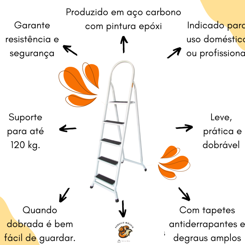 Escada de Aço Carbono 5 Degraus Antiderrapante Branco - 2