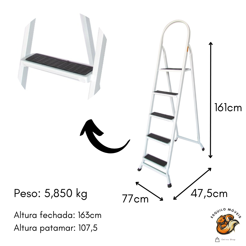 Escada de Aço Carbono 5 Degraus Antiderrapante Branco - 5
