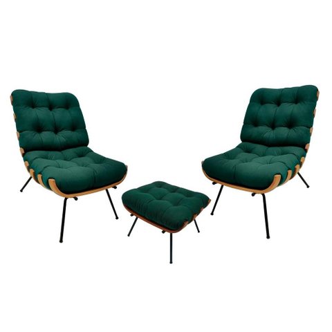 Kit 02 Poltronas e 01 Puff Costela Suede Verde Militar