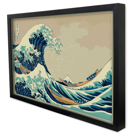 Quadro Decorativo a Grande Onda de Kanagawa em Moldura Caixa Tacolado Moldura Caixa Alta 4,5cm Preta