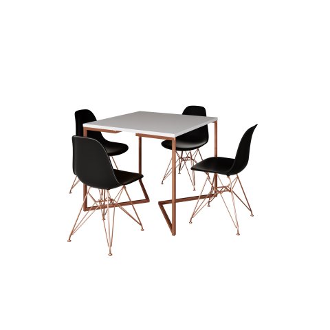 Mesa Industrial Base Ferro Cobre em V Tampo 90x90 Branco 4 Cadeiras Eames Ferro Assento Preto
