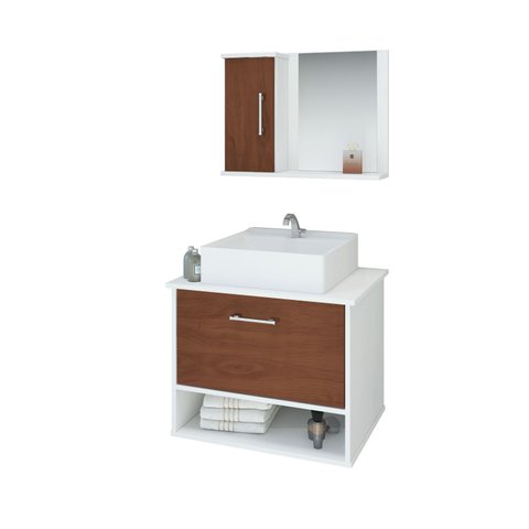 Gabinete Banheiro Malibu 50 Cm Armário com Cuba e Espelheira:natura