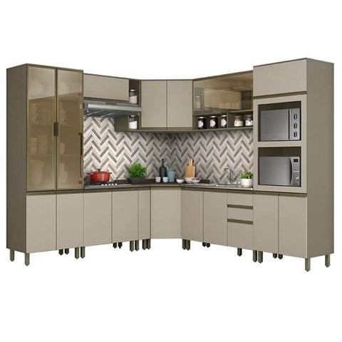 Cozinha Completa de Canto 10 Peças Connect Duna/cristal com Torre Quente 2 Fornos - Móveis Henn