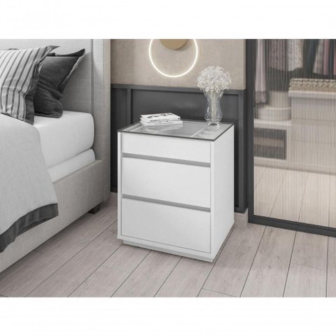 Mesa de Cabeceira 3 Gavetas Porta Itens Serena Branco