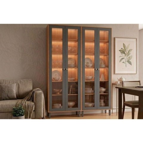 Cristaleira Brilhante LED Reflecta 4 Portas MDF 140cm Titânio MGM