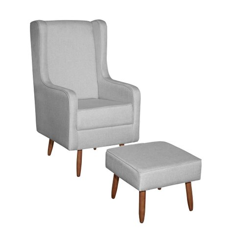 Poltrona Amamentação Retro Pé Madeira e Puff Toscana Linho Cinza - Mirra Decor