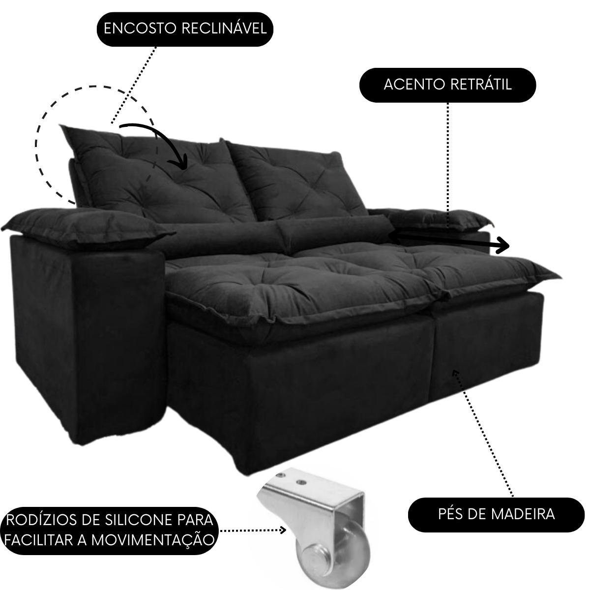 Sofá Veludo Retrátil Reclinável Luxo Conforto Athenas 2,00m Cor:preto - 2