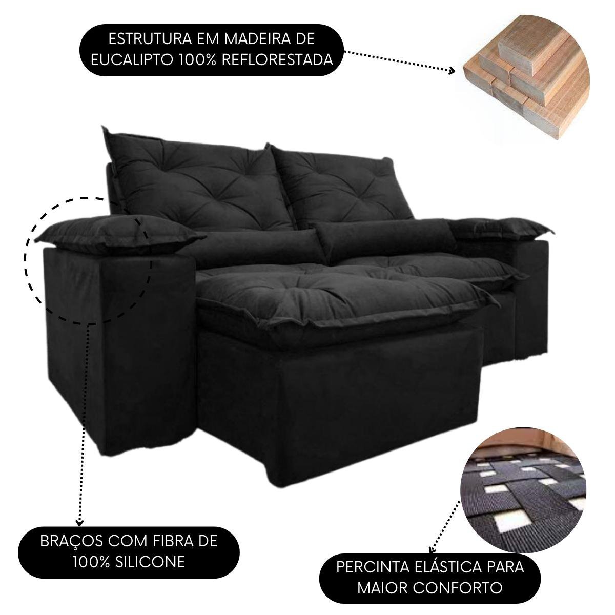 Sofá Veludo Retrátil Reclinável Luxo Conforto Athenas 2,00m Cor:preto - 3