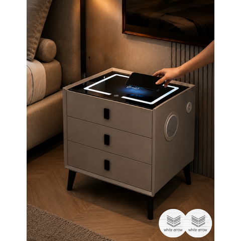 Mesa de Cabeceira Criado Inteligente Luminária Abajur LED 3 Gavetas Carregador Wireless Caixa de Som