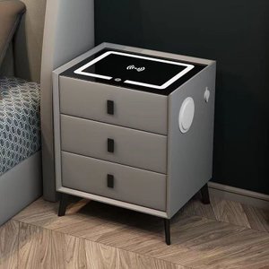 Mesa de Cabeceira Criado Inteligente Cinza 3 Gavetas Luminária Abajur Led Luz Iluminação Ambiente