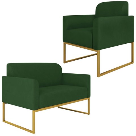 Conjunto Namoradeira e Poltrona Decorativa Isabella Base Industrial Suede Verde/Dourado - Gran Belo