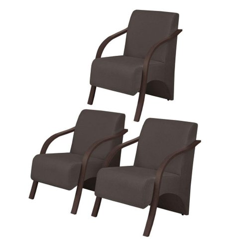 Kit 3 Poltronas Vênus 1 Lugar Braço Madeira Marrom