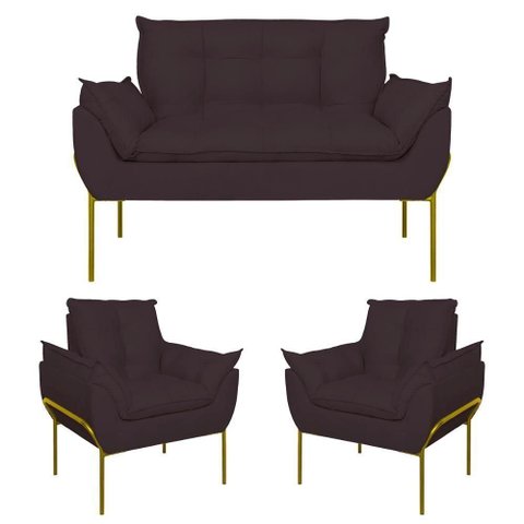 Kit 2 Poltronas + Namoradeira Pé Metal Dourado Recepção Sala Cinza