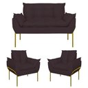 Ver imagem 1 de Kit 2 Poltronas + Namoradeira Pé Metal Dourado Recepção Sala Cinza