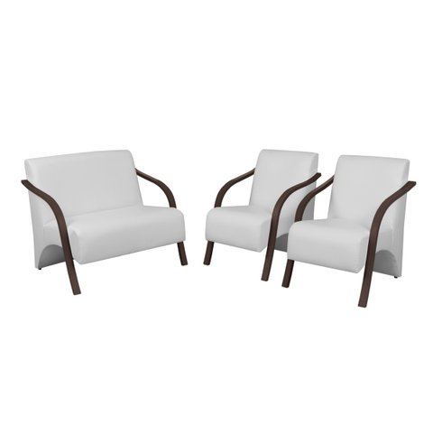 Conjunto Vênus Braços em Madeira 1 Namoradeira 2 Poltronas Courino Branco