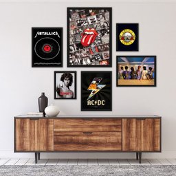 Kit Composição 6 Quadros Rock Bandas:madeira Preta - 1