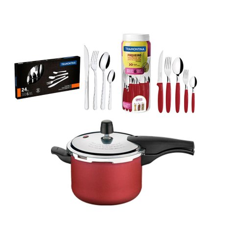 KIT - Panela de Pressão 4,5 Vermelha + 1 Faqueiro Vermelho 30pç + 1 Faqueiro Inox 24pç -