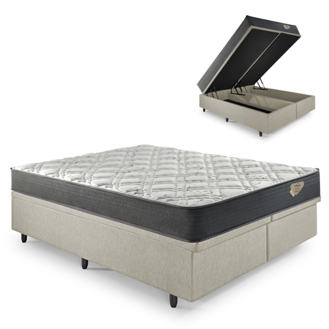 Cama Box com Baú Queen 158x198 com Colchão Adapto Molas Ensacadas Ecoflex Courino Linho