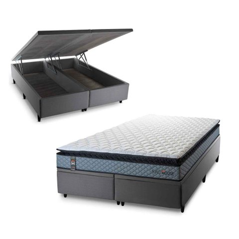 Conjunto Box Baú Super King Chicago Cinza 193x203x64 Espuma D33