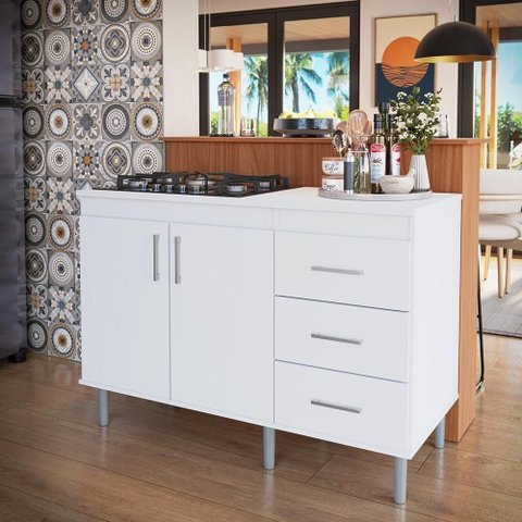 Kit Bancada Ilha para Cozinha + Balcão para Cooktop 1,20m 5 Bocas 2 Portas e 3 Gavetas Turim Branco