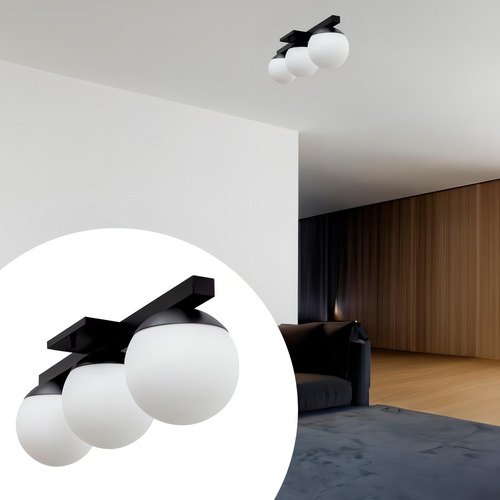 Lustre Luminaria de Teto Painel Plafon Jabuticaba 3 Globos Vidro Bivolt - Preto - 8