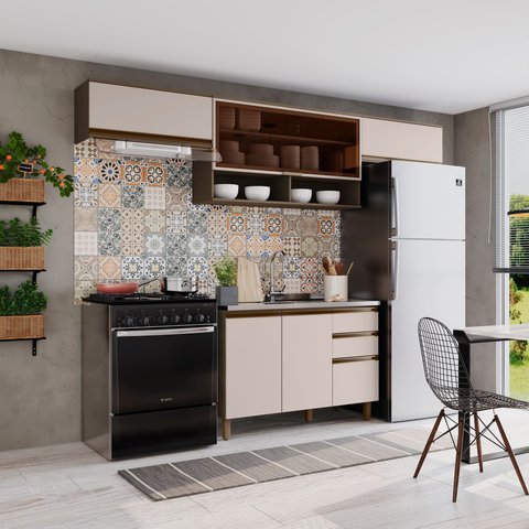 Cozinha Compacta Modulada 4 Peças 100% MDF Aurora Espresso Móveis Cinza/Duna/Cristal