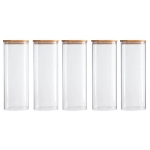 Jogo 5 Potes Herméticos de Vidro 1,9L Borea Oikos 25cm Tampa de Bambu Cozinha