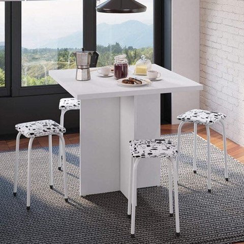 Conjunto Mesa e 4 Bancos Estofados Verona Branco/Preto