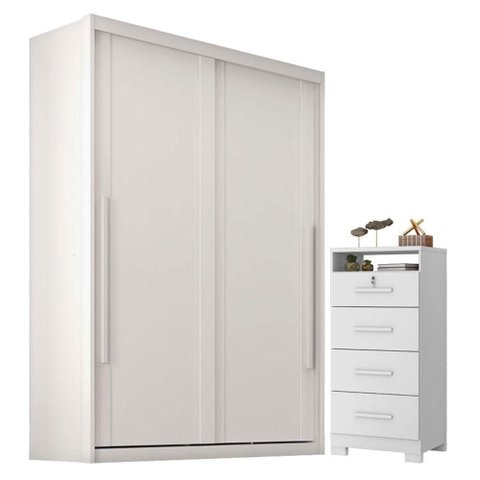 Guarda Roupa Solteiro Splendido 2 Portas com Cômoda Primordial Max 4 Gavetas Branco Absoluto Semi