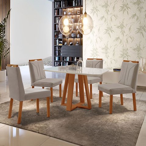 Conjunto Sala de Jantar Mesa Floripa Madeira Maciça 90x90cm Tampo Quadrado Vidro Off White com 4 Cad