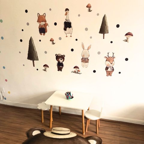 Adesivo de Parede Animais da Floresta em Aquarela Adesivos Primeiro Quarto 1 Cartela
