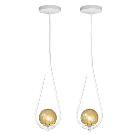 Kit 2 Pendentes Lustre On Drop Branco Globo de Vidro Âmbar