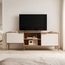 Ver imagem 1 de Rack Aparador Balcão para Sala de Estar Grande com Pés em Madeira Maciça 2 Portas Carvalho Off White
