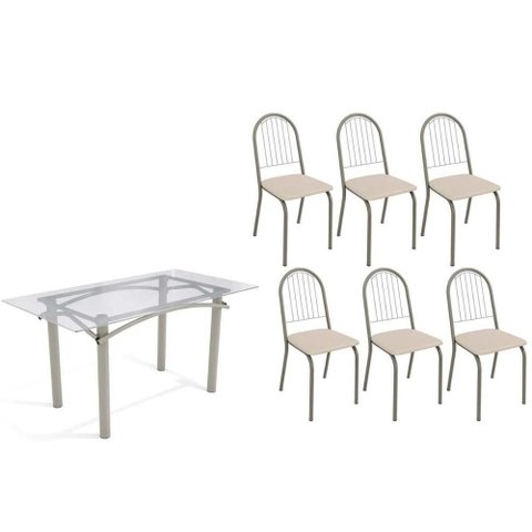 Sala de Jantar Completa Elba C/ Tampo de Vidro 150cm e 6 Cadeiras Noruega Niquel - Courano Bege -