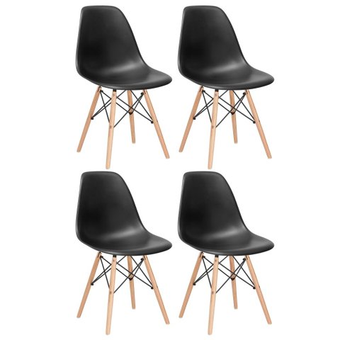 Kit 4 Cadeiras Charles Eames Eiffel Dsw - Base de Madeira Clara - Preto