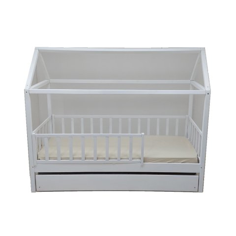 Bicama Solteiro Casinha Montessoriana Madeira Maciça Pinus - Branco - Grade Vertical Completa