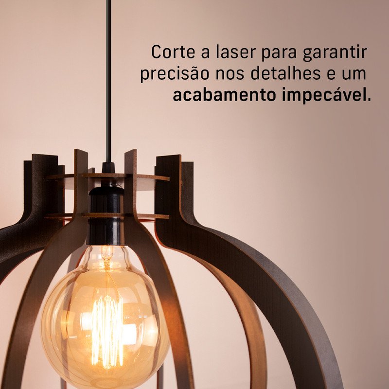 Kit Luminária Lustre Pendente Madeira E27 44x40cm com Lâmpada Retrô Cor:café - 3