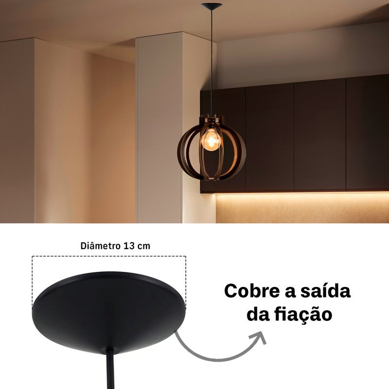 Kit Luminária Lustre Pendente Madeira E27 44x40cm com Lâmpada Retrô Cor:café - 5