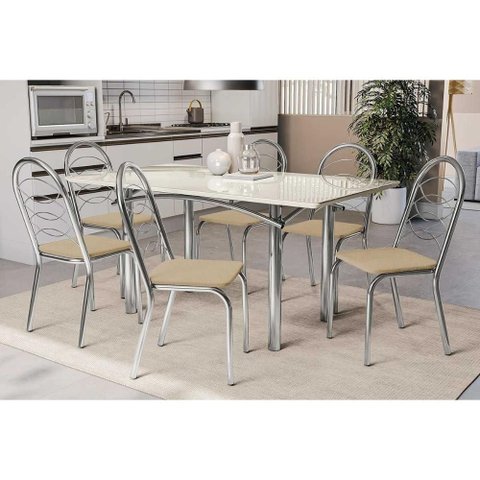 Conjunto: Mesa de Cozinha Elba Tampo Madeirado C/ Vidro 160cm e 6 Cadeiras Holanda Cromada/off White