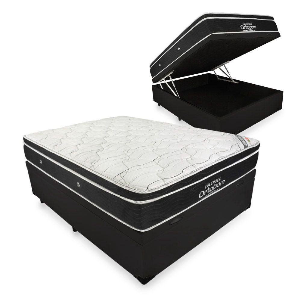 Cama Box Com Baú Casal Sintético + Colchão De Molas Ensacadas - Ortobom Elegant SuperPocket 138x188x