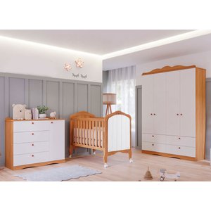 Quarto de Bebê com Guarda Roupa Cômoda Encanto e Berço Harmonia Permóbili Baby Nature/branco Guarda