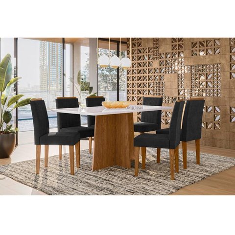 Mesa de Jantar Ambiente Anitta 160x90 Cm com Vidro Ype Off White e 6 Cadeiras Ana Ype Veludo Preto –