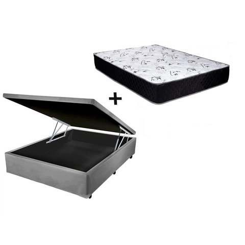 Cama Box Baú Casal Conforto Sintético Cinza + Colchão Casal Conforto Espuma D33 Com EPS 20x138x188