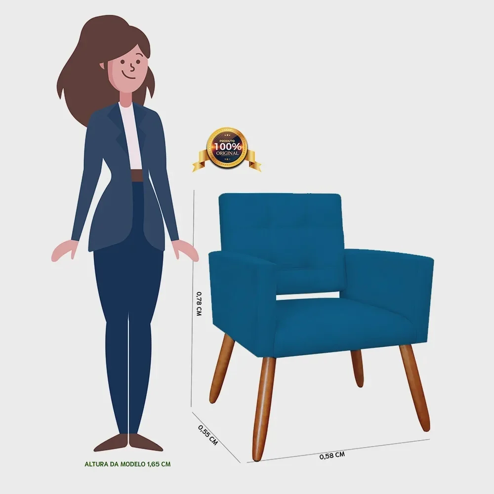 Poltrona Decorativa Camila Pés Palito Suede Cores - Visalar Móveis: Azul Royal - 4