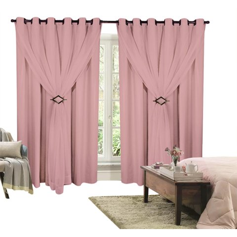 Cortina Corta Luz 3,00m X 2,30m 100% Blackout Com Voil Rosa Para Sala Ou Quarto Varão Simples